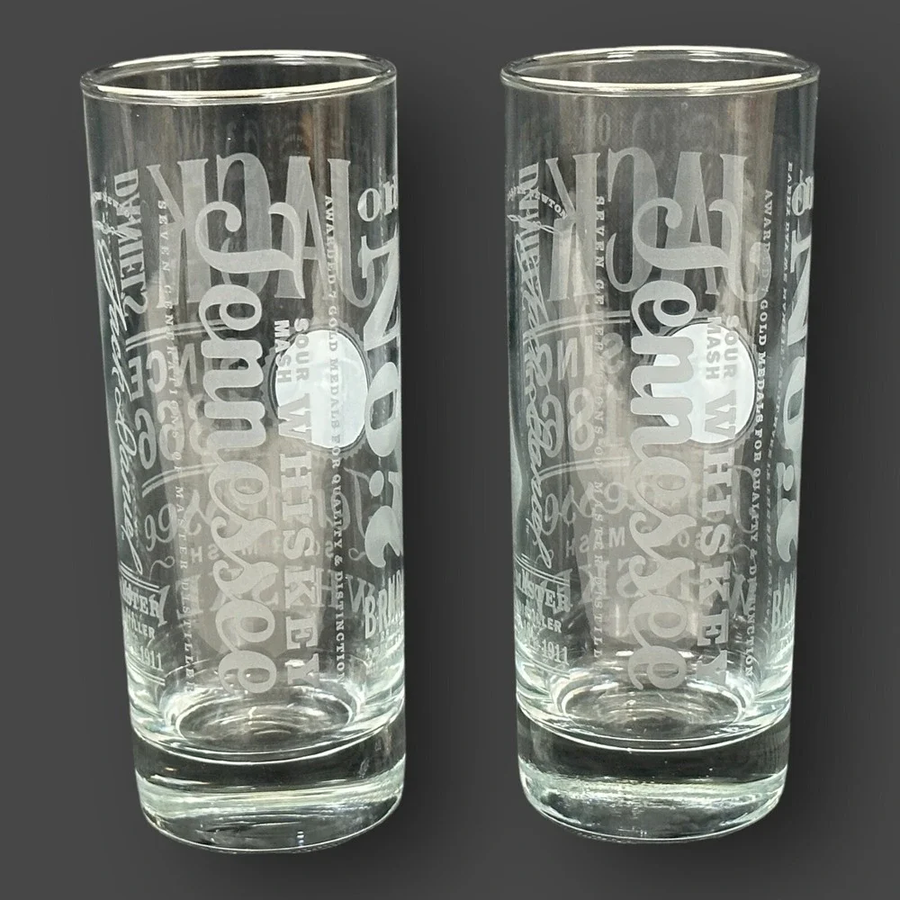 Jack Daniel's Commemorative Whiskey Glasses Set of 2 Silver Rim 6 Inch‎ Barware